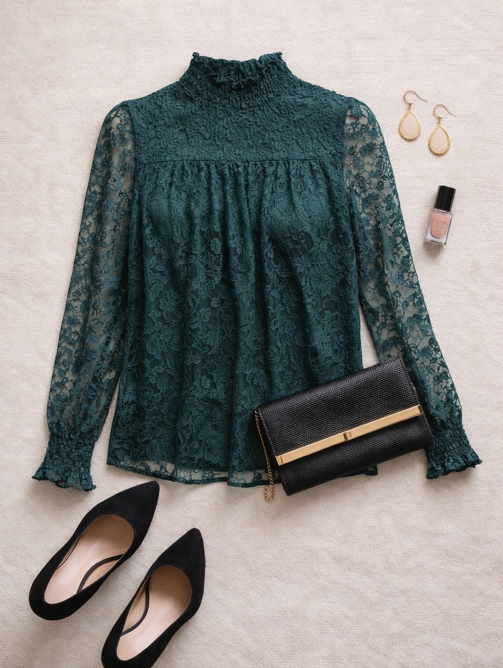 Cable & Gauge Dark Green Lace Blouse Large Mock Neck Sheer Sleeve Emerald Top